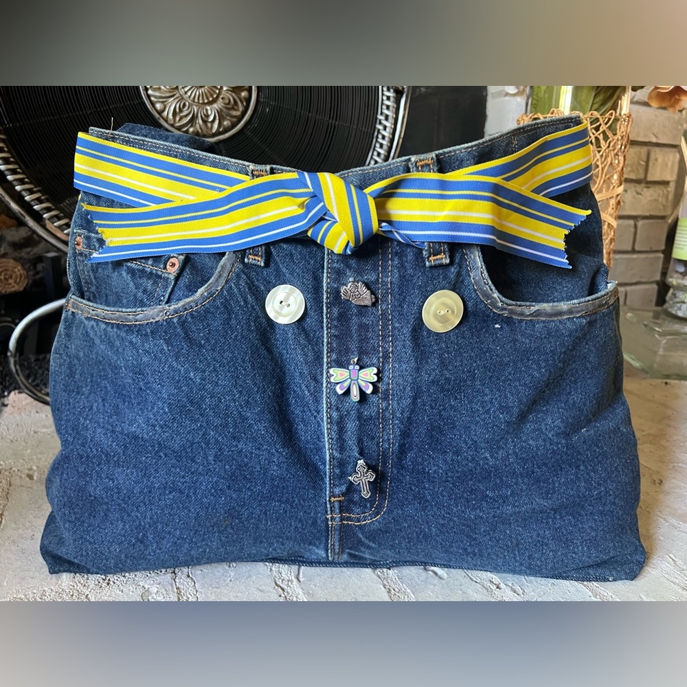 Handmade Upcycled Denim Jeans Tote Bag Y2K Unique Creative Craft Purse Blue Ribb